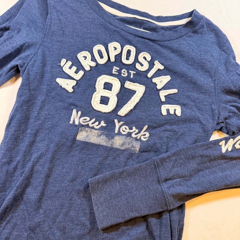 Vintage Y2K Aeropostale L Blue Embroidered Spellout Long Sleeve Top Preppy Comfy